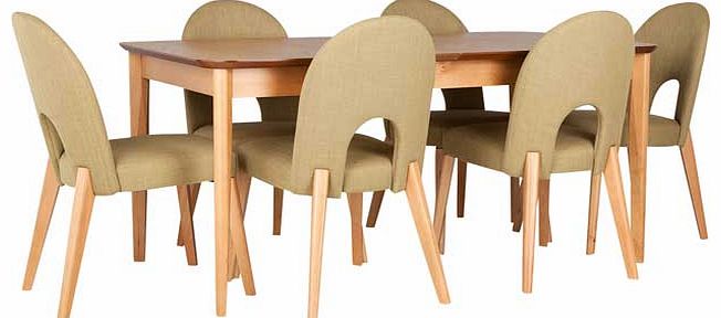 From the Emmett collection. this dining table and chairs are great for adding some subtle colour to your dining room. This table comes with an integral extension that adds 45cm to the length. and 6 chairs with solid wood frames that are upholstered i
