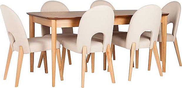 Dine in style with this oak dining table and 6 stone upholstered chairs from the Emmett collection. This attractive wood effect table comes with an integral extension that is 45cm and 6 chairs that have solid wood frames and are upholstered in a ston