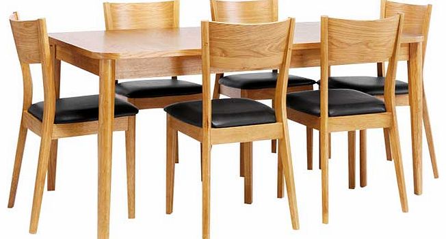 Give your dining room a modern edge with this dining table with chairs from the Emmett collection. This table has an integral extension that adds 45cm to the length and the 6 chairs have solid wood frames with leather effect seat pads. This Emmett di