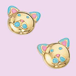 Gorgeous gold enamel cat kids earrings. For pierced ears.  9 ct Gold
