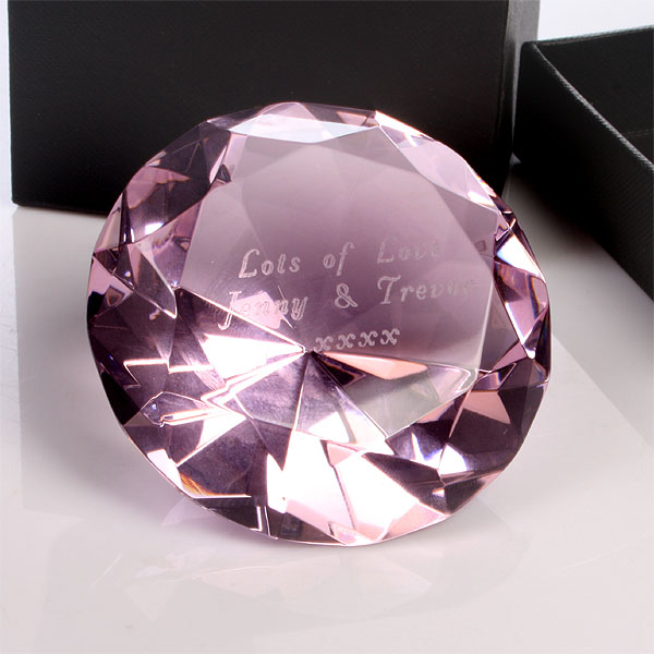 Unbranded Engraved Optical Crystal Pink Diamond Paperweight