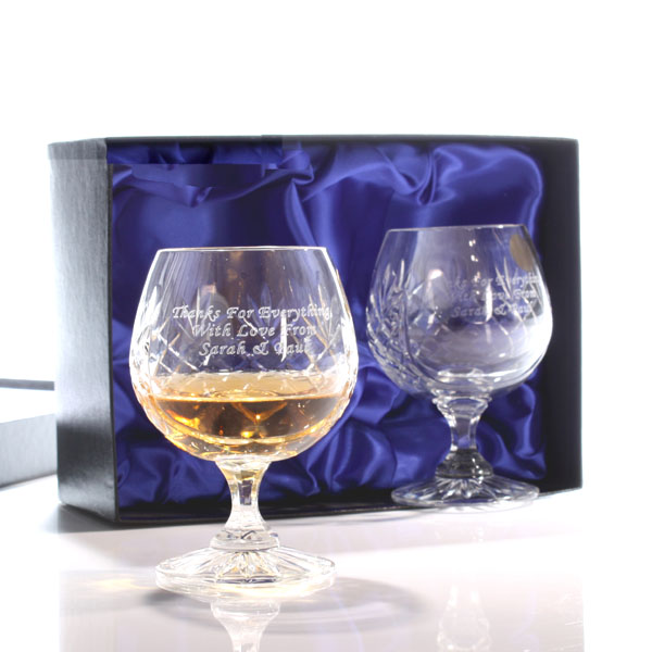 Unbranded Engraved Pair Of Cut Crystal Brandy Glasses