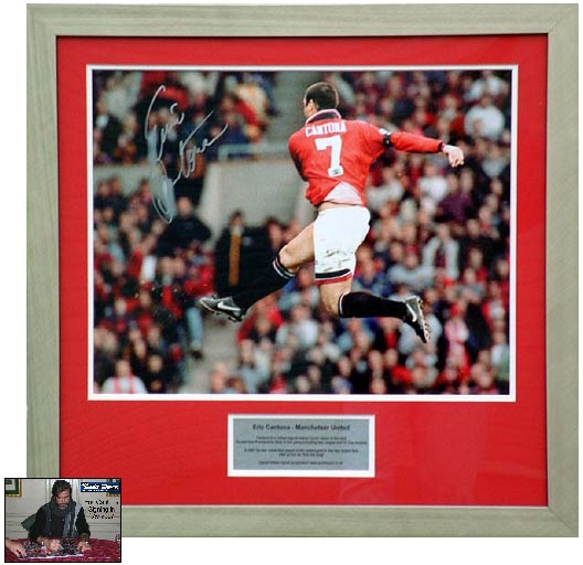 This superb item of signed Manchester United Memorabilia pays tribute to the legend, Eric Cantona.He