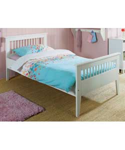 White painted wooden frame with tapered feet. Size (W)103.3, (L)200.8, (H)88.5cm. Includes pillow to
