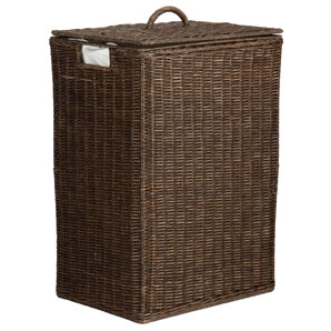 Lidded laundry basket made from rattan on a wire frame. With removable cotton liner. Complements