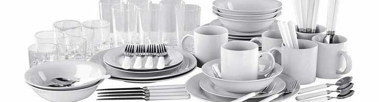 This white 60-piece starter set of dinner essentials is ideal if you are moving into a new home and starting a kitchen from scratch. Each piece is dishwasher and microwave safe. making this set a practical choice for any home. Stoneware. 6 place sett