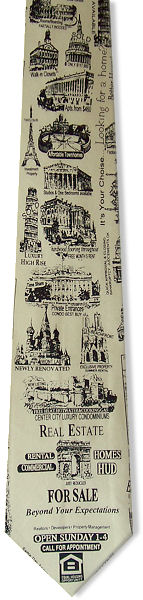 A creamy coloured silk tie with black sketches of buildings for sale