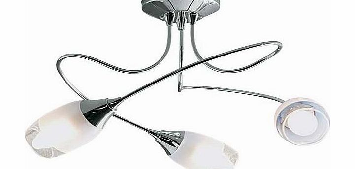 A great-value ceiling light with a modern chrome finish. featuring a decorative spiral frame and clear glass shades. Drop 28cm. Diameter 36cm. Suitable for use with low energy bulbs. Bulbs required 3 x 30W SES eco halogen or 3 x 40W SES (not included