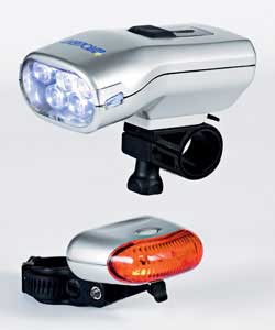 Rechargeable.Front light 5 x LED.Rear light 3 x LED.Lighting mode front static, with high and low be