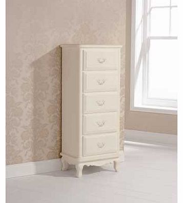 Finished in a gorgeous ivory. this Evelyn slim five drawer chest brings a simple elegance to your bedroom. This chest has five drawers. each with metal handles and runners. and looks excellent when combined with the other bedroom furniture pieces fro
