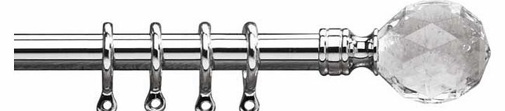 Add an elegant touch with this iron chrome curtain pole with a clear prism acrylic finial. Includes brackets. curtain rings. finials. fittings and fixtures. Supplied in 2 sections. Length 165cm-300cm. Diameter 16mm-19mm. EAN: 6244743.