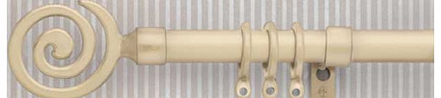 A contemporary swirl curtain pole set in cream. Includes curtain rings. finials. fittings and fixtures. Length 110cm-210cm. Diameter 16mm-19mm. EAN: 1448733.