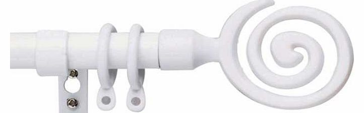 A contemporary swirl curtain pole set in white. Includes curtain rings. finials. fittings and fixtures. Length 110cm-210cm. Diameter 16mm-19mm. EAN: 6234038.