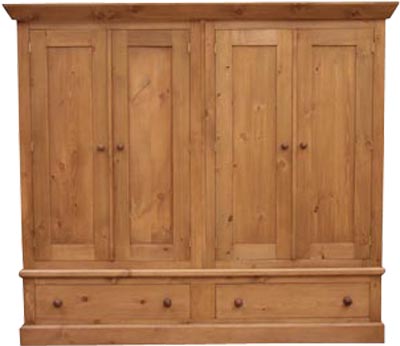 Unbranded EXTRA LARGE 4 DOOR PINE WARDROBE WITH DRAWERS