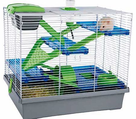 This Pico Extra Large Hamster Cage has numerous platforms. tunnels and slides to provide your fluffy pet with endless hours of fun. Fully furnished with wheel. food dish. and drop-in water bottle. It also features twin doors with secure closure desig