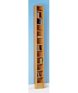Oak finish storage tower with 11 shelves, 10 of which are adjustable.Holds 180 CDs or 80 DVDs or 40 