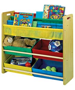Pine finish toy unit with 2 hammock-style shelves and 4 storage bins in multi-coloured breathable fa