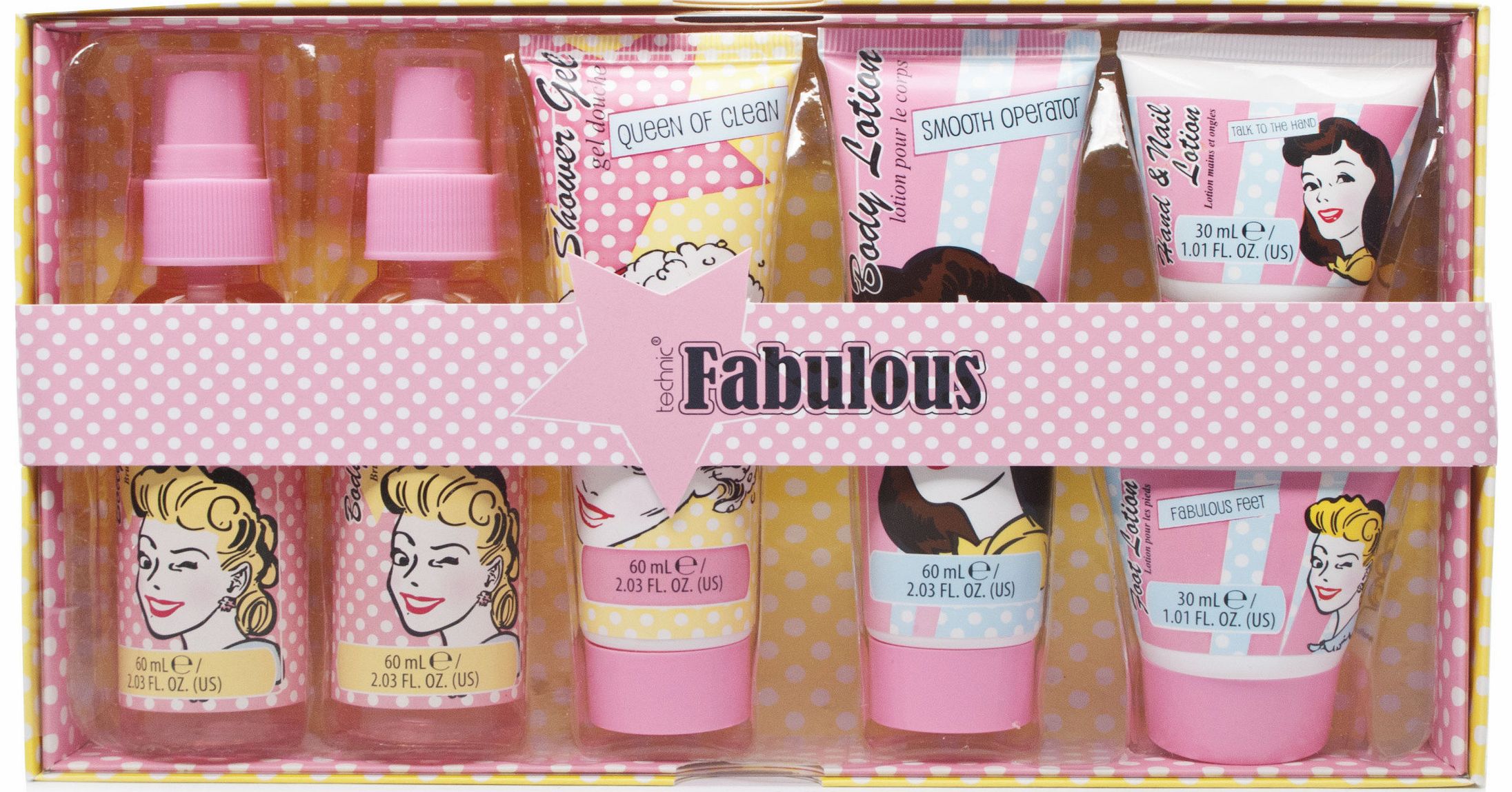 Technic Fabulous Queen of Clean Five Piece Set: Bathe your way to beauty with these 5 piece set of gorgeous body products. The luxurious fragrances and retro packaging make this set the perfect gift for any beauty queen! Set includes: 2x Body Mist sp
