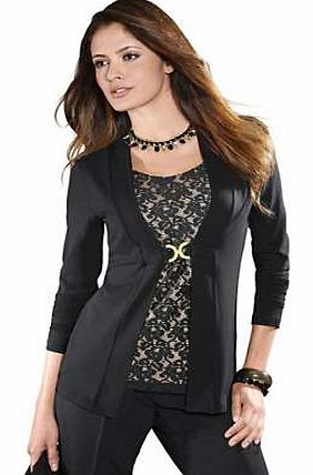 Attractive layered look top with an opaque lined lace insert at the front. With the look of an elegant black jersey jacket with a gold coloured decorative buckle. Featuring a round neckline and three-quarter length sleeves. Fair Lady Top Features: Op