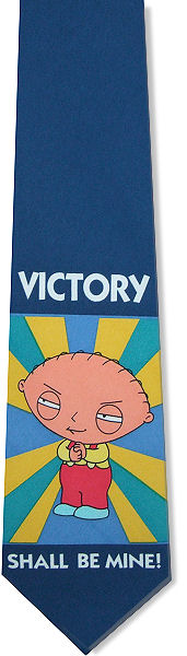 A fun Family Guy tie featuring Stewie in a victory pose as he contemplates his latest conquest.