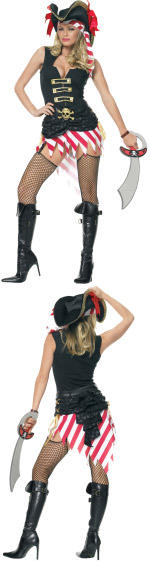 The Adult 2 Piece Captain Marauder Costume includes a striped headscarf and vest dress with ruffled 