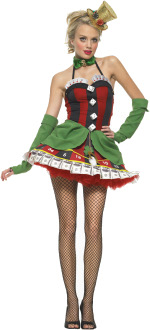 The Adult 2 Piece Lady Luck Costume includes a dress with dice applique and roulette wheel skirt and