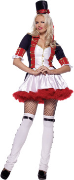 The Adult 2 Piece Toy Soldier Costume includes a dress with gold button accents and top hat.