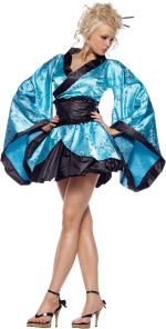 The Adult 3 Piece Lotus Geisha Costume includes a top, skirt and waist cincher.