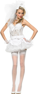 The Adult 3 Piece Virgin Bride Costume includes an underwired dress, gloves and veil.