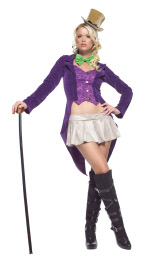 The Adult 4 Piece Magician Costume includes a jacket with tuxedo tails, skirt, bow tie and top hat.