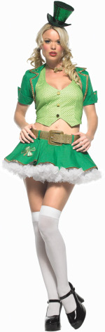 The Adult 5 Piece Lucky Charm Costume includes a vest, skirt with clover applique, jacket, bow tie a