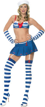 The Adult 5 Piece Sailor Sexy Costume includes a hat, underwired bra top, striped arm warmers, garte