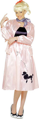 The Adult Official Grease Poodle Dress in pink includes a black top with attached baby pink skirt wi