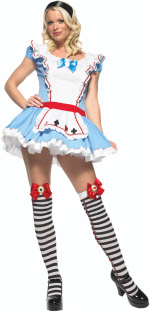 The Adult Adorable Alice Costume includes a dress with satin bow and rabbit applique.