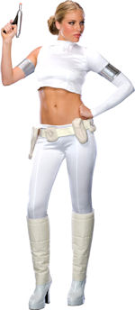 Adult Amidala costume includes top, trousers, boot tops, armband and belt.