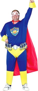 Novelty superhero outfit including costume, cape and mask.