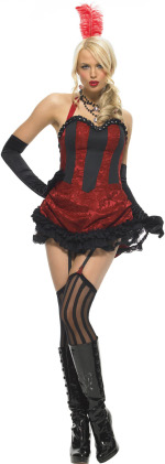 The Adult Burlesque Dancer Costume includes a brocade dress with bustle back bow.