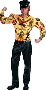 Includes Muscle-clad top with tattoo print and biker hat.