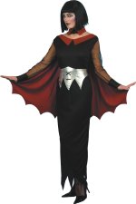 Costume includes black dress, burgundy cape and belt.