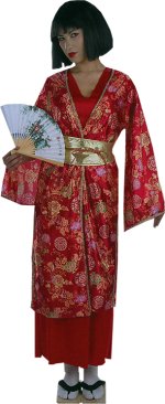 Includes kimono, belt, slip dress, fan and wig.