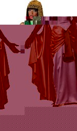 Includes dress with attached waist sash, gold apron drop, sequin collar, long cape and beaded headpi