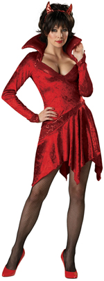 Includes dress with sequin trim and stand-up collar plus sequin devil horns.