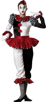Includes black and white body suit with ruffled collar and cuffs, ruffled peplum, hat, black and whi