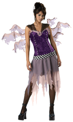 Includes dress with chiffon skirt, striped sash, netting straps and tattered chiffon wings.