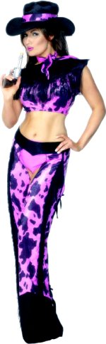 Includes top, shorts, chaps, hat, scarf and cuffs.