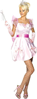 The Adult Fever Princess Costume includes a baby pink dress with bow detailing and attached net unde