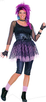The Adult Funky Star Costume includes a black tank top, a black and pink lace over blouse, a leather