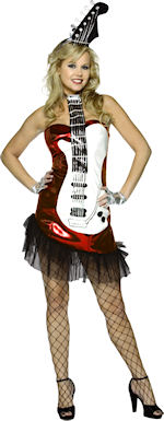 Includes one-piece red guitar costume with black net skirt and guitar top head piece.