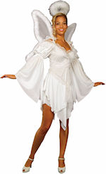 Costume includes a white angel dress and a matching halo.