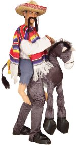 Includes Sombrero, moustache, poncho, and trousers with attached plush stuffed donkey.
